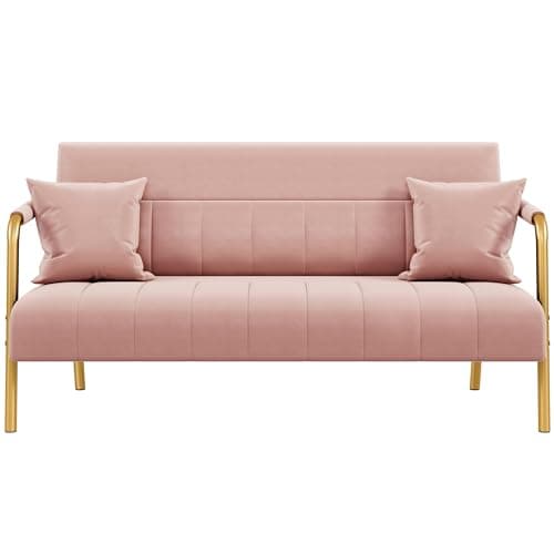 Yaheetech 56.5" W Modern Sofa Small Sofa Luxurious Velvet Fabric Couch with Gold-Tone Metal Arms and Legs for Living Room, Home Office, Studio Pink