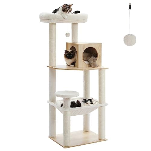 PETEPELA Wood Cat Tree for Indoor Cats Multi-Level Tower with Sisal Covered Scratching Posts, Cozy Condo, Super Large Hammock and Plush Perches Faux Rabbit Milk Fur Beige Rabbit Fur Wood Beige