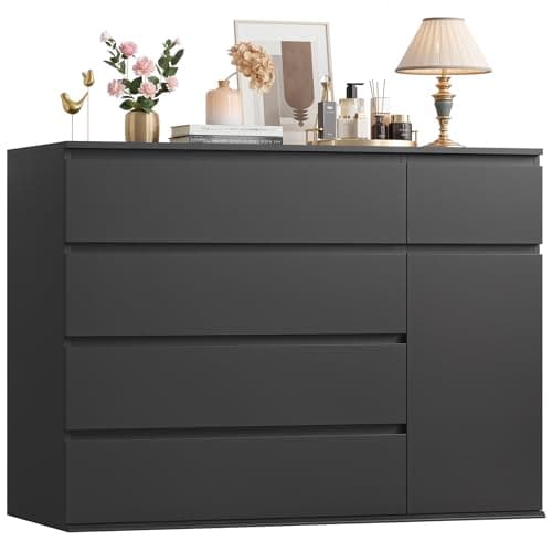 FOTOSOK 5 Drawer Dresser, Black Dresser for TV Stand, Double Wide Storage Chest of Drawers with Door, Deep Drawers and Wide Storage Space 8