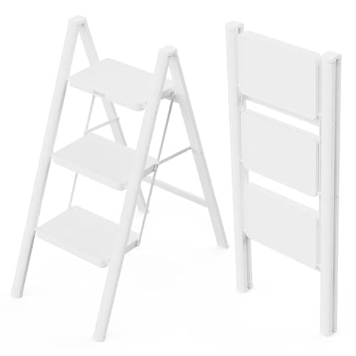 WOA WOA 3 Step Ladder, Folding Step Stool with Wide Pedals, Compact Stepping Stool for Kitchen, Sturdy Steel Ladders with Anti-Slip Feet, Supports up to 330 lbs - White