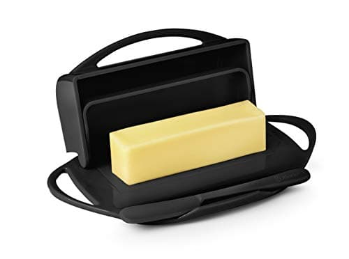 Butterie Flip Top Butter Dish with Attached Lid & Matching Knife - Holds 2 Sticks, Fits Kerrygold/European Butter - BPA Free & Dishwasher Safe - Black 2