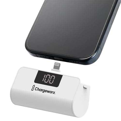 CHARGEWORX Mini Portable Charger Power Bank with Built-in Lightning Output, 5,000 mAh Power Bank with Fast-Charge Dual Output, Pass-Through Charging, LCD Display, Compact Design, White