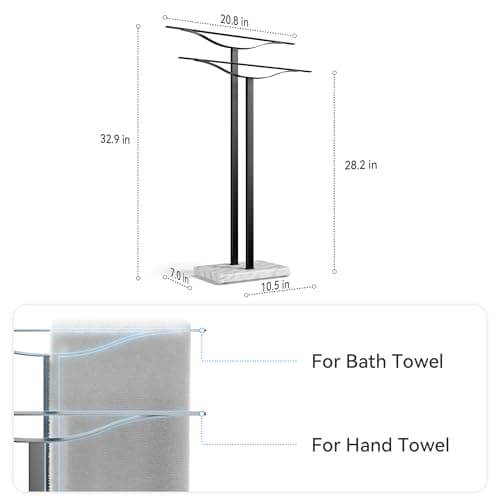 Bathroom Towel Rack Freestanding Floor Stand: Black 33in 2‑Bar Weighted Marble Base Towel Holder, Rustproof 304 Stainless Steel Drying Rack for Bath&Hand Towels, No‑Drill Slim Organizer, Spa Pool 5