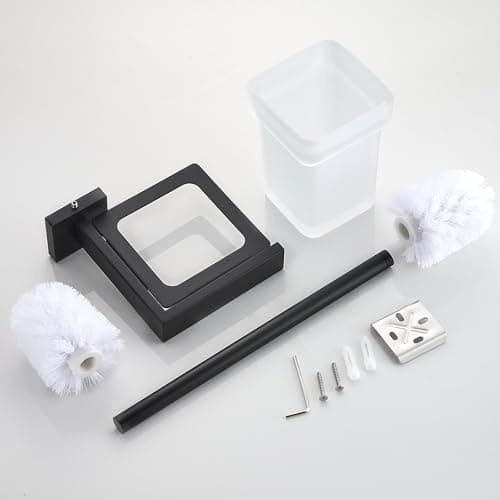 TINYROW Toilet Brush Glass Wall Mounted Toilet Bowl Brush and Holder Toilet Brush Holder Bathroom Square Black 6