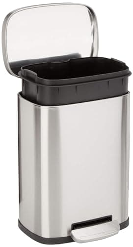 Amazon Basics Smudge Resistant Rectangular Trash Can with Soft-Close Lid, Foot Pedal, Removable Inner Bucket, 5L/1.32 Gal, Brushed Stainless Steel, for Bathroom & Small Space, Satin Nickel Finish