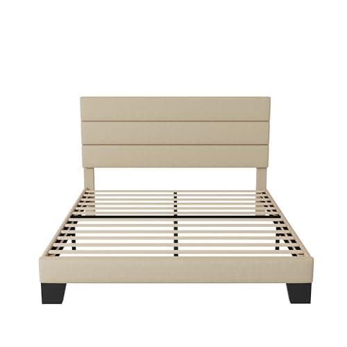 Allewie Queen Size Platform Bed Frame with Fabric Upholstered Headboard and Wooden Slats Support, Fully Upholstered Mattress Foundation/No Box Spring Needed/Easy Assembly, Beige 8