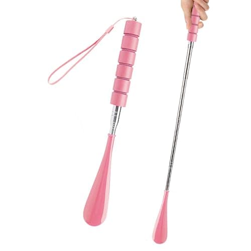 Ralleyfun Shoe Horn Long Handle Retractable Telescopic Metal Shoehorn Foldable Shoe Horn Shoe Puller Adjustable Shoe Aids Extendable (Pink)