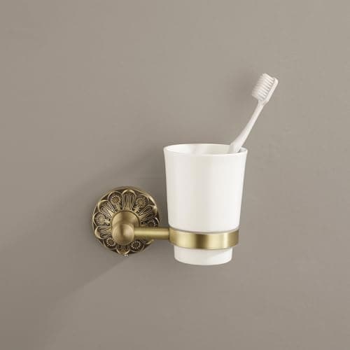 Lucyound Antique Brass Toothbrush Holder, Wall Mounted Bathroom Tumbler Cup Set, Vintage Gold Decorative Bathroom Accessories, Ceramic and Brass, Petal-Relief Series 3