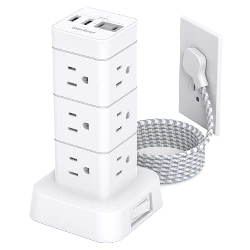 Surge Protector Power Strip Tower, 12 Outlets 4 USB (2 USB C) Desktop Charging Station for Multiple Devices, 6Ft Flat Plug Extension Cord with Multiple Outlets, Home Office College Dorm Essentials