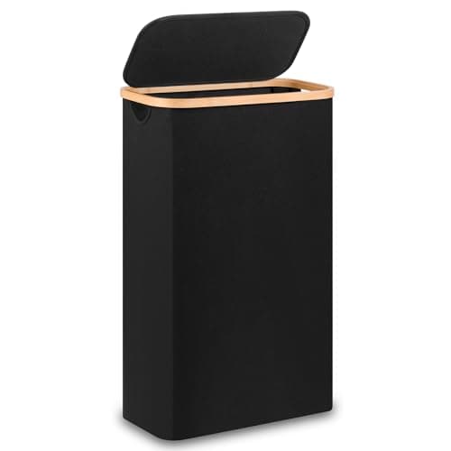 Merkisa 60L Slim Laundry Hamper,Laundry Basket with Lid,Tall Hamper for Laundry,Dirty Cloth Hamper with Bamboo Handle for Toys,Towels, Clothes Organizing,Black