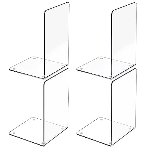 Acrylic Bookends 4 Pcs, Clear Book Ends for Shelves, Transparent Bookend Organizer, Book Holder Stand Decorative, Book Stoppers for Heavy Duty Books, CD, File, Video Games