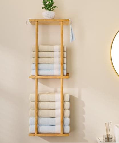 Cozivolife Towel Rack Bamboo for Bathroom, 3 Tier 32.7 inch with 2 Hooks and Shelf Wall Mounted Storage Organizer Shelf, Large Capacity Holder (Natural) 8