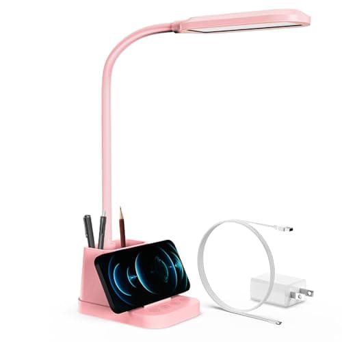 AXX Pink Desk Lamp for Kids, Cute Study Table Light for Bedrooms, Kawaii, USB Charging Port, Small, LED, 650LM, Room College Dorm Essentials, Office Accessories for Women Teen Girls