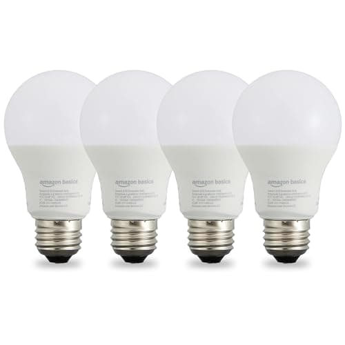 Amazon Basics Smart A19 LED Light Bulb, Dimmable Soft White (2700K), 9W (60W Equivalent), 800LM, Energy Efficient, Works with Alexa Only, 2.4 GHz Wi-Fi, No Hub Required, 4-Pack
