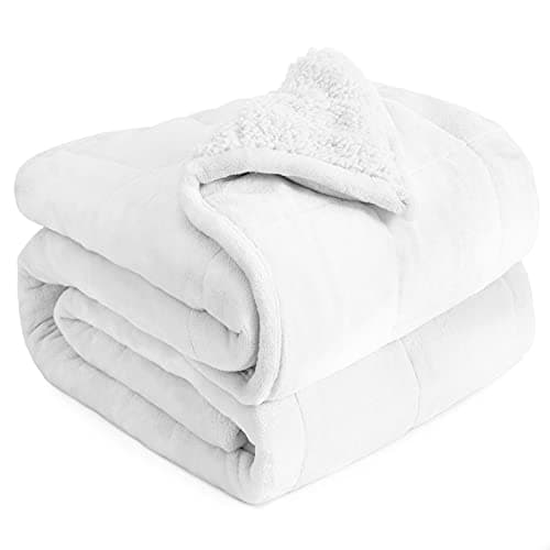 Cottonblue Weighted Blanket 15 lbs 60x80 inches, Queen Size Flannel and Shaggy Sherpa Warm Heavy Blanket, Great for Calming and Relax, Fluffy Soft Bedding Blanket, Snow White