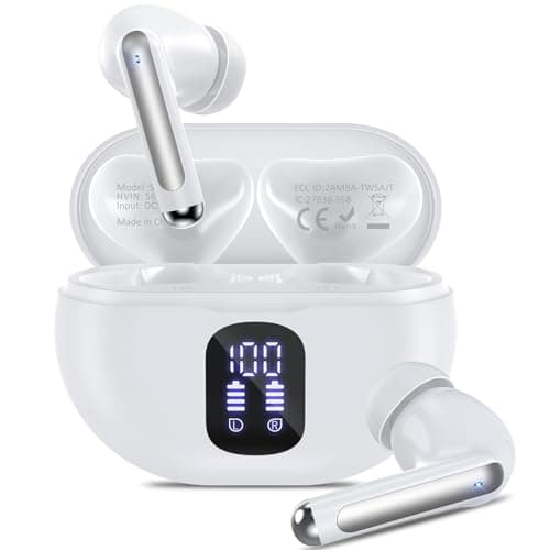 Wireless Earbuds, 2025 Bluetooth 5.3 Headphones, 50H Playback Deep Bass Stereo Ear Buds with LED Power Display Charging Case, IPX7 Waterproof Earbuds for Laptop Pad Phones Sports Workout, White