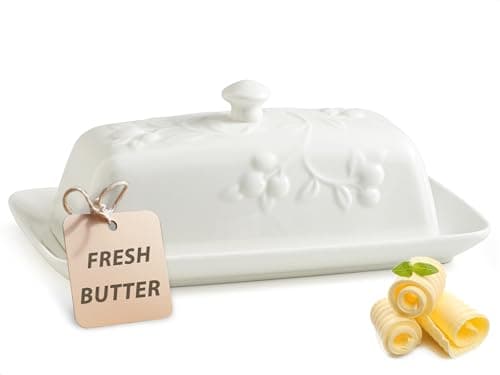 YHOJOY Butter Dish with Lid for Countertop, Ceramic Butter Dish with Knob Handle, Large Butter Holder Container for East West Coast Butter Storage, Cherry