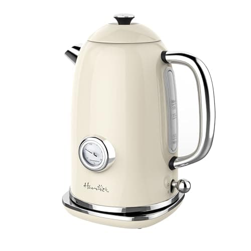 Harriet Electric Kettle, 1.8L Retro Electric Tea Kettle with Thermometer, 1500W Stainless Steel Hot Water Kettle Electric with LED Indicator, Fast Boiling, Cordless, Auto Shut-Off, Beige White