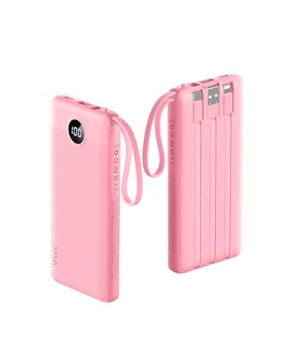 VRURC Portable Phone Charger, Travel Portable Charger with 4 Cables, 5 Outputs 2 Inputs Slim USB C Power Bank, Built-in Cables Cords for iPhone 17 16 15 14 13,Samsung,Android-Barbie Pink(1 Pack)