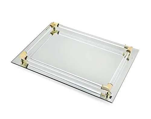 STUDIO SILVERSMITHS Mirror Tray Vanity Tray Serving Tray with Crystal Border - 9" x 14"