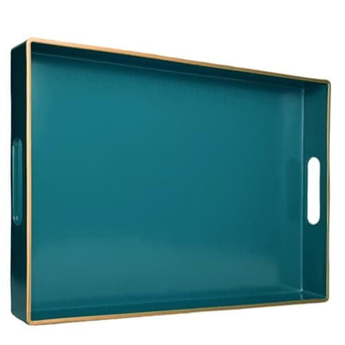 Umisriro Green Decorative Tray, Rectangular Serving Tray with Handles, Plastic Coffee Table Tray for Ottoman, Living Room, Kitchen Tabletop, 15.6” x 10.2” x1.37”