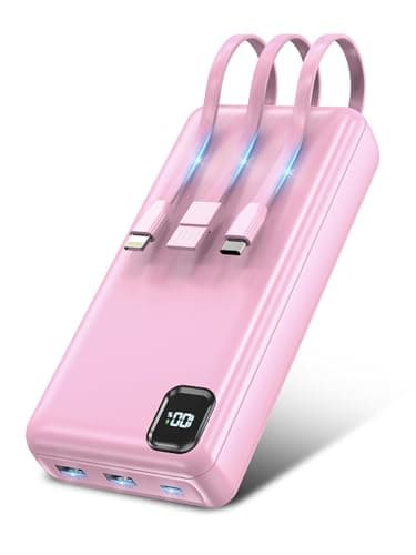 Nacete Portable Charger Power Bank 50000mAh Built-in Cables, PD 20W Fast Charging Large Capacity Battery Pack, 5 Output 2 Input LED Display Powerbank Compatible with Phone (Pink)