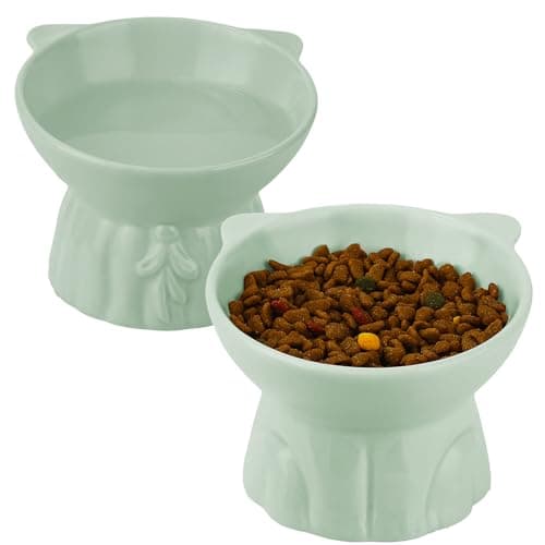 Elevated Cat Bowls 2-Pack, Ceramic Raised Cat Food & Water Dishes - Extra Wide & Shallow Whisker-Friendly Design, Anti-Vomit & Easy Digestion, Lead/Cadmium-Free, Microwave & Dishwasher Safe (Green)