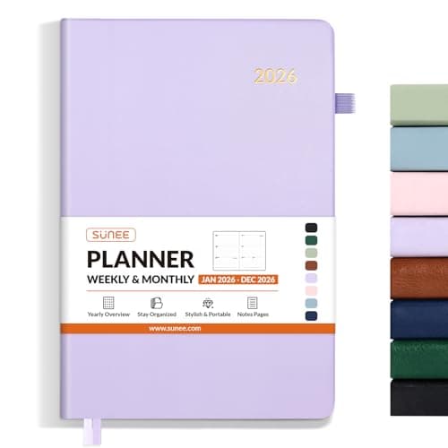 SUNEE 2026 Weekly & Monthly Hardcover Planner 5.5" x 8.3" - 12 Month (January 2026 - December 2026), Small Hardcover Planner, Pocket, Notes, 100 GSM Paper, Purple