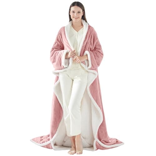 Sealy Electric Blanket Wearable with Foot Pocket, Electric Snuggle Blanket with Sleeves, Flannel & Sherpa Heating Throw with 6 Heat Settings & 2-10 Hours Auto Shut Off, 50 * 70"+18", Pink