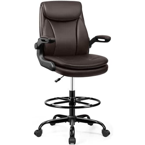 AtHope Drafting Chair Tall Office Chair Leather Executive Office Chair with Adjustable Foot Ring Flip Up Armrest - Comfy Ergonomic Desk Chairs with Lumbar Support for Office Home Studio - Brown 8