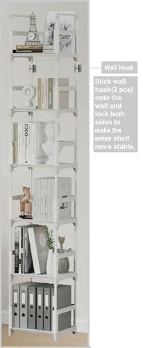 FIDUCIAL HOME 6 Tiers Tall Narrow Bookshelf Book Shelf Skinny White Bookcase Thin Slim Book Rack Storage Organizer Easy Assemble, Sturdy 5