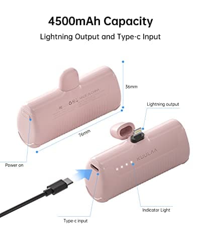 Kuulaa Portable Phone Charger, Small Power Bank 4500mAh Mini Power Bank for iPhone Cute Battery Pack Backup Charger Travel Compatible with iPhone 14/13/12/11/XS/XR (Pink) 6