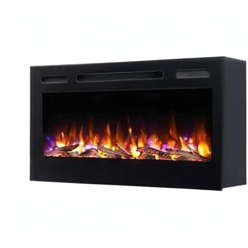 PuraFlame Alice 36 Inches Recessed Electric Fireplace, Flush Mounted for 2 X 6 Stud, Log Set & Crystal, 1500W Heater, Black 8