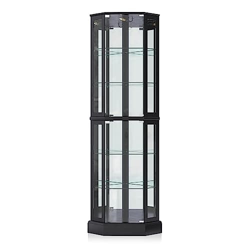 BELLEZE Lighted 3-Side Glass Display Curio Cabinet with Tempered Glass Doors and Shelves, Curved Wood Corner Cabinet with Bulb, Corner Curio Storage Rack for Bar and Liquor Storage - Ashfield (Black) 6