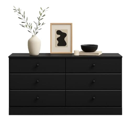 Prepac Astrid 6 Drawer Double Dresser for Bedroom, Wide Chest of Drawers, Bedroom Furniture, Clothes Storage and Organizer, 47.5"W x 26.85"H x 15.5"D, Black