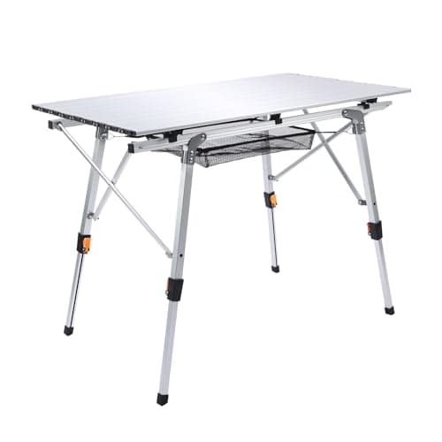 JOUYEK Folding Outdoor Camping Table with Adjustable Legs, Lightweight Aluminum Roll Up Camp Table with Carrying Bag, Mesh Storage Organizer, for Cooking, Picnic, Beach, Backyards, BBQ, Party 8