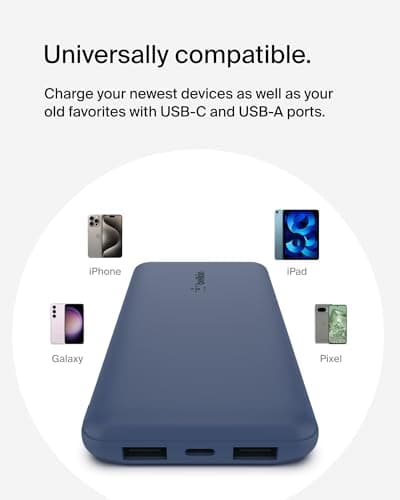 Belkin Portable Charger, USB C Power Bank 10000 mAh w/ 2xUSB-A Ports, 15W w/ Type-C to Type-A Cable - iPhone 17, Air, Pro, Pro Max, Samsung Galaxy S25, Nintendo Switch 2, Google Pixel 10, etc. - Blue 7