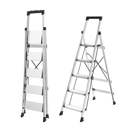 HBtower 5 Aluminum Step Ladder, Strudy Ladders for Home with Tool Tray, Anti-Slip Folding Step Stool for Adults, Light Weight Portable 330lbs Safety for Kitchen Warehouse Outdoor Work