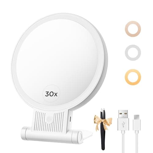 tubbede 1X/30X Lighted Makeup Mirror with Magnification, Double-Sided Switch, 3-Color Lights, 2000mAh Rechargeable, Adjustable Brightness, Makeup Mirror with Lights for Vanity Table or Bathroom