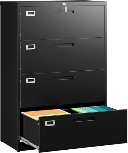 SISESOL 4 Drawer Lateral File Cabinet with Lock,Black Lateral Filing Cabinet,Horizontal Metal Filing Cabinets,Locked Wide Four Drawer File Cabinets for Office Home,Fit A4/F4/Letter/Legal File