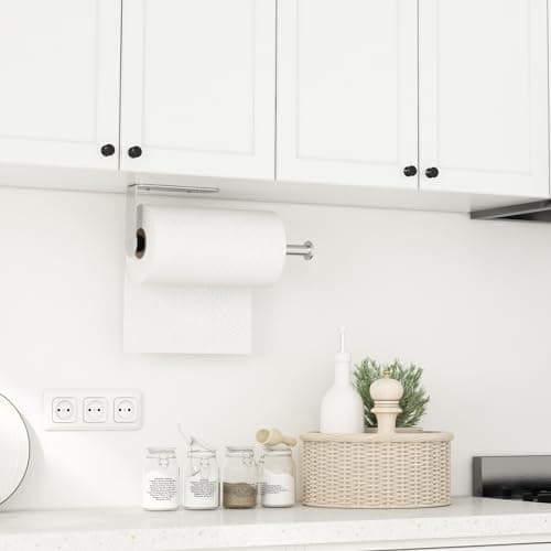 Fixwal Paper Towel Holder Under Cabinet, Single Hand Operable Wall Mount Paper Towel Holder with Damping Effect, Bend-Resistant, Self-Adhesive or Drill Mounting for Kitchen Bathroom, Silver 7