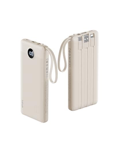 VRURC Portable Charger Power Bank,10000mAh Travel Essentials Battery Pack, 5 Outputs 2 Inputs Slim USB C Charging Bank Built-in Cables Cords for iPhone 17 16 15 13,Samsung,Android-Light Coffee(1 Pack)