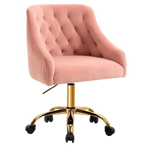 MOJAY Velvet Home Office Desk Chair, Vanity Chair with Wheels Pretty Fancy Gold 360°Swivel Height Adjustable Office Chairs for Girls Home Offices, Bedrooms, Living Room (Pink)