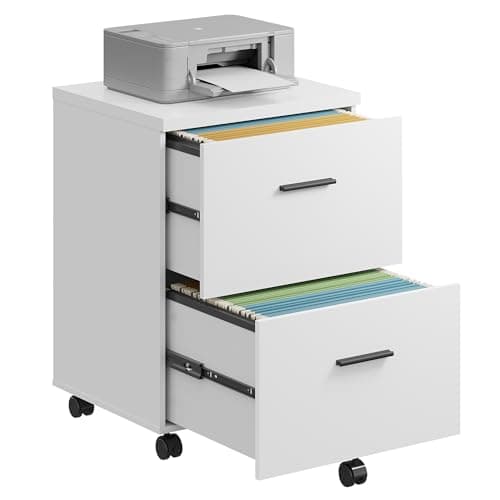 DEVAISE Wood File Cabinet, 2 Drawer Filing Cabinet for Home Office, Vertical File Cabinets with Wheels fits A4/Letter/Legal Size File, White