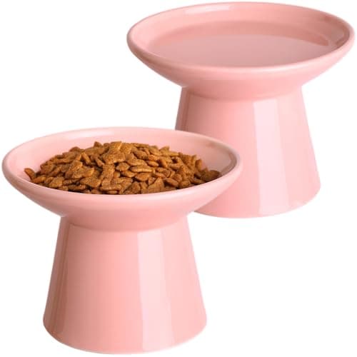 KITCHENLESTAR 6.2 Inch Extra Wide Elevated Ceramic Cat Bowls, Food and Water Bowl Set for Elder Big Cats Small Dogs, Raised Design for Pet Easy Eating, Protect Cat's Spine Set of 2(Pink)