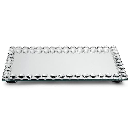 Rectangular Mirror Tray Crystal with Bead Diamond Shape Trim for Bathroom Vanity, Decorative Serving Tray for Coffee Table, Home Decor, Candles, Jewelry (9x6x1 in) 9