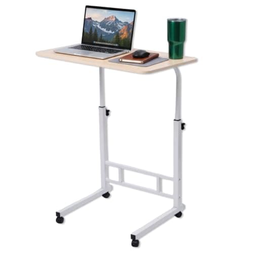 Japard Small Desk on Wheels, Mobile TV Tray Table Rolling Desk for Bed Sofa, Adjustable Height 23.6" Wide C-Shape Loadable 66lbs (Natural, 66 lbs Loadable)