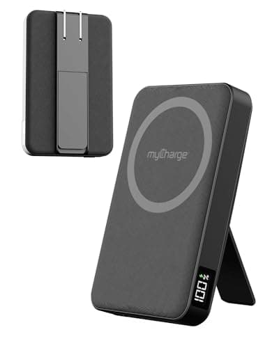 myCharge CliqLuxe+ Magnetic Wireless Power Bank 5,000mAh | iPhone & MagSafe Compatible | Qi2.2 25W Mag Safe Portable Charger | Built-in Wall Plug & Stand | 20W PD USB-C Port | Premium Black Fabric
