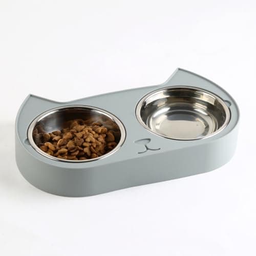 7 Ruby Road Cute Cat Bowls for Indoor Cats and Kitty, Double Cat Food Water Bowl Set with 2 Stainless Steel Pet Dishes and Grey Silicone Feeding Station, 350ml Kitten Bowls for Wet & Dry Food