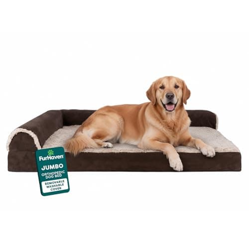 FurHaven Orthopedic Dog Bed for Large Dogs, L-Shaped Chaise Mattress with Orthopedic Egg Crate with a Solid Orthopedic Foam Base for Joint Support, Washable Cover, Jumbo XL, Faux Fur & Suede, Espresso